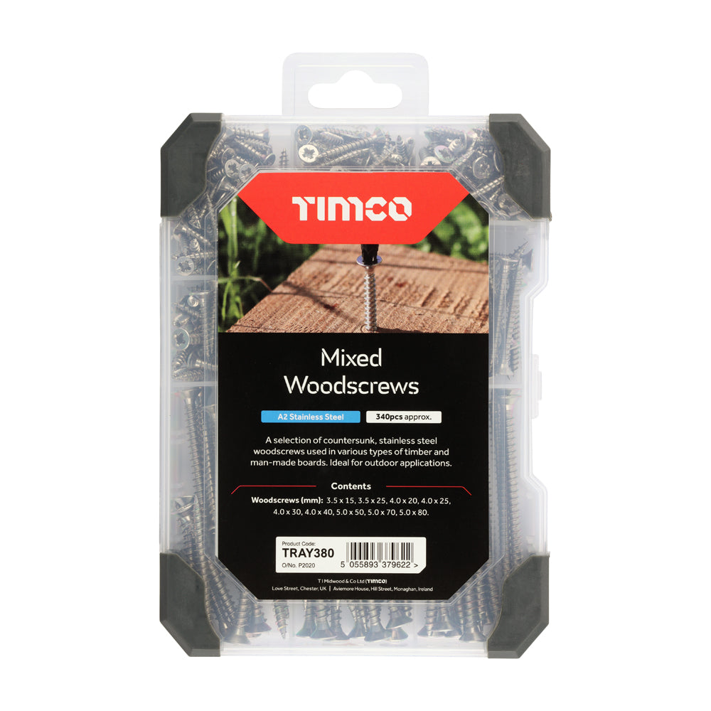 TIMCO Countersunk Woodscrews Mixed Tray - A2 Stainless Steel - 340 pcs
