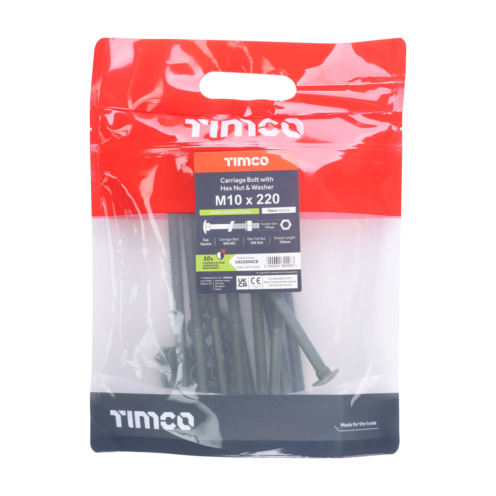 TIMCO Carriage Bolts DIN603 Hex Nuts & Form A Washers Green Exterior