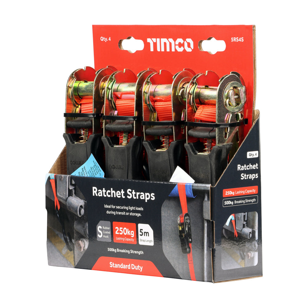 TIMCO Ratchet Straps - S Hook - Standard Duty - 4 pcs