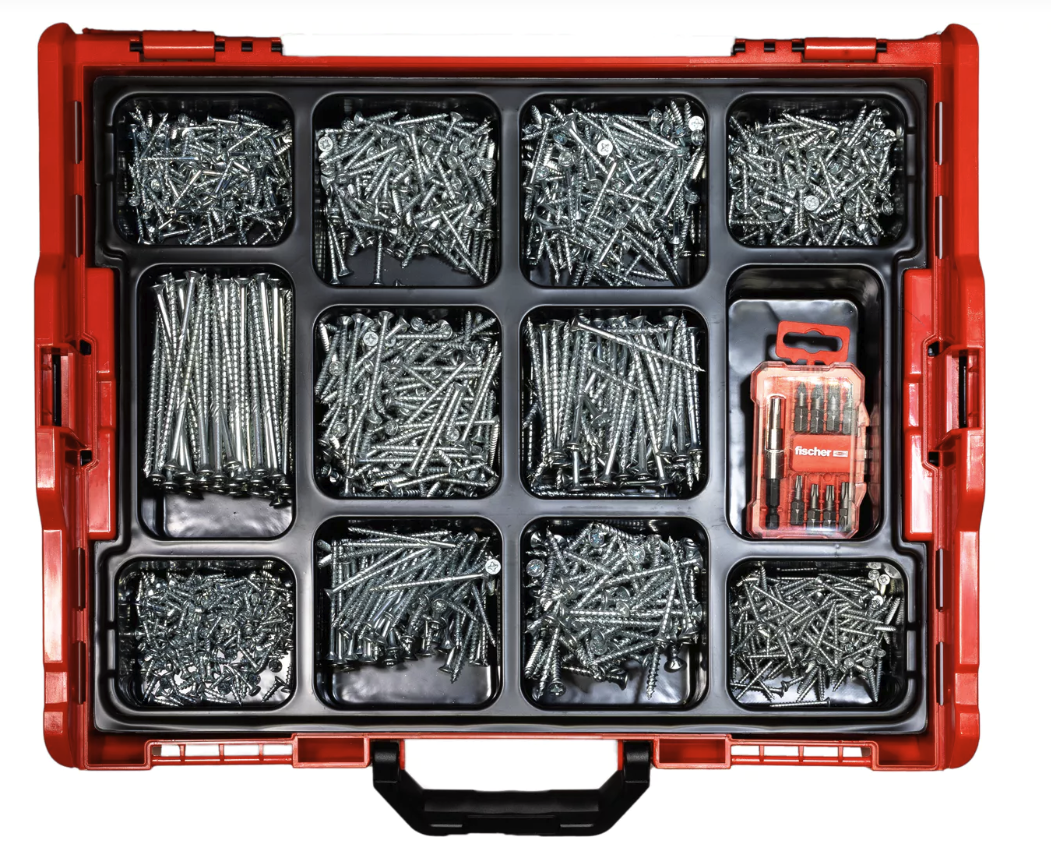 FISCHER L-BOXX BUNDLE - 1700 pcs PowerFast II PZ screws + 833 pcs DuoLine plugs + 32 pcs bit set