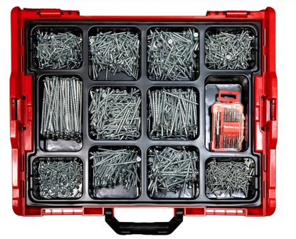 FISCHER L-BOXX BUNDLE - 1700 pcs PowerFast II PZ screws + 833 pcs DuoLine plugs + 32 pcs bit set