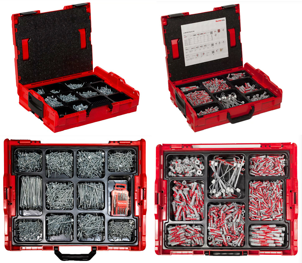 FISCHER L-BOXX BUNDLE - 1700 pcs PowerFast II PZ screws + 833 pcs DuoLine plugs + 32 pcs bit set