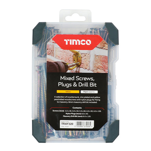 TIMCO Screws, Plug & Drill Bit Mixed Tray - Yellow - 91 pcs