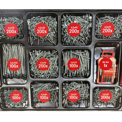 FISCHER L-BOXX BUNDLE - 1700 pcs PowerFast II PZ screws + 833 pcs DuoLine plugs + 32 pcs bit set